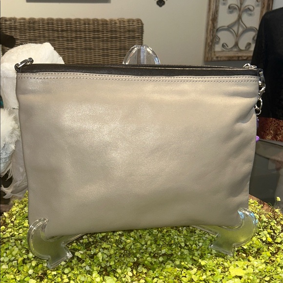 Halston Heritage Purple & Tan Clutch with Silver Chain & Logo 10.5”x 8.5” New - Picture 5 of 10